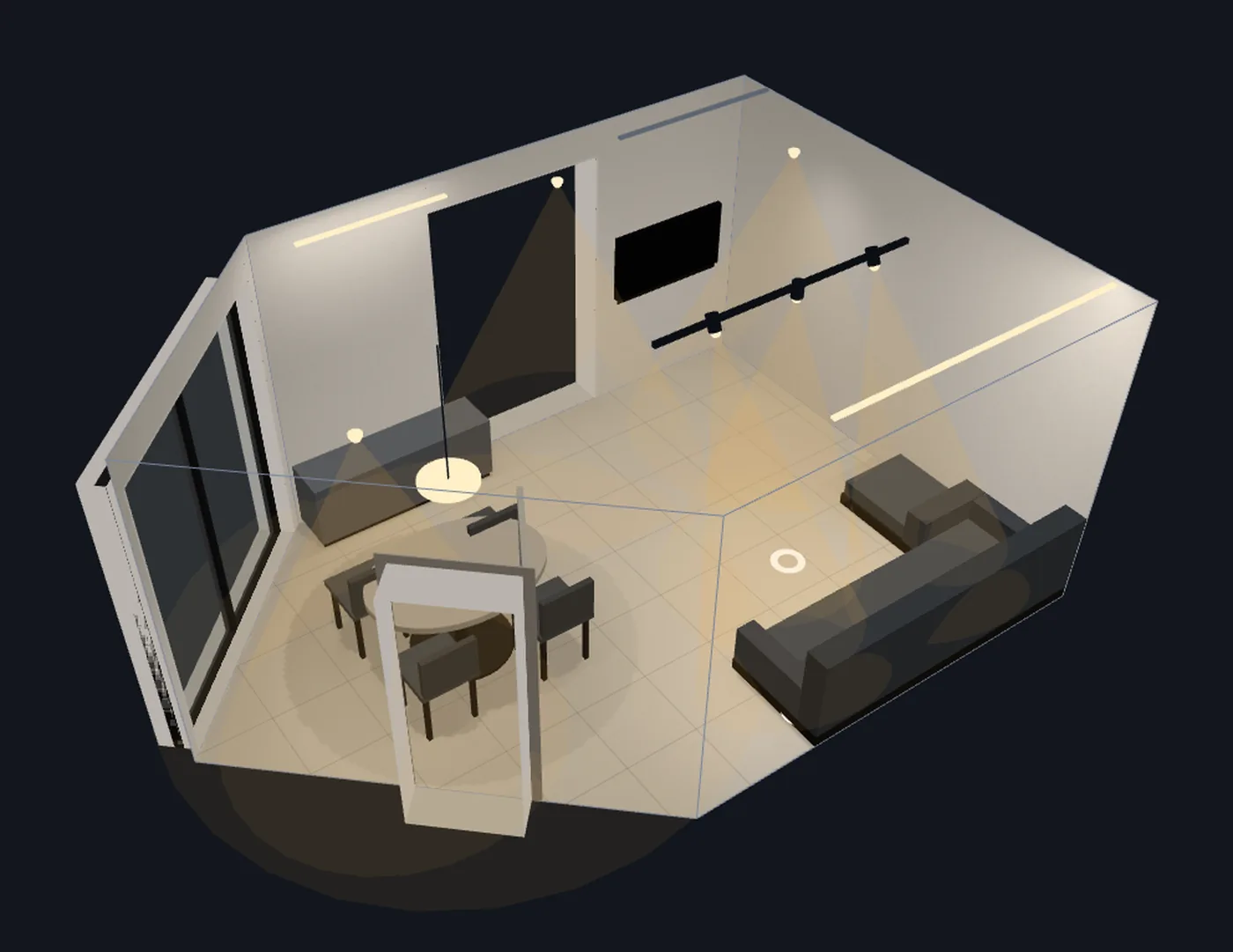 Vista 3D realistica di un soggiorno illuminato