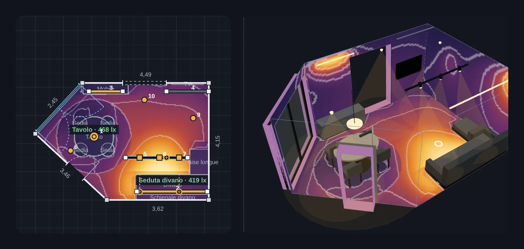 Pianta di un soggiorno in falsi colori con isolux e valori in lux, e la stessa stanza in 3D